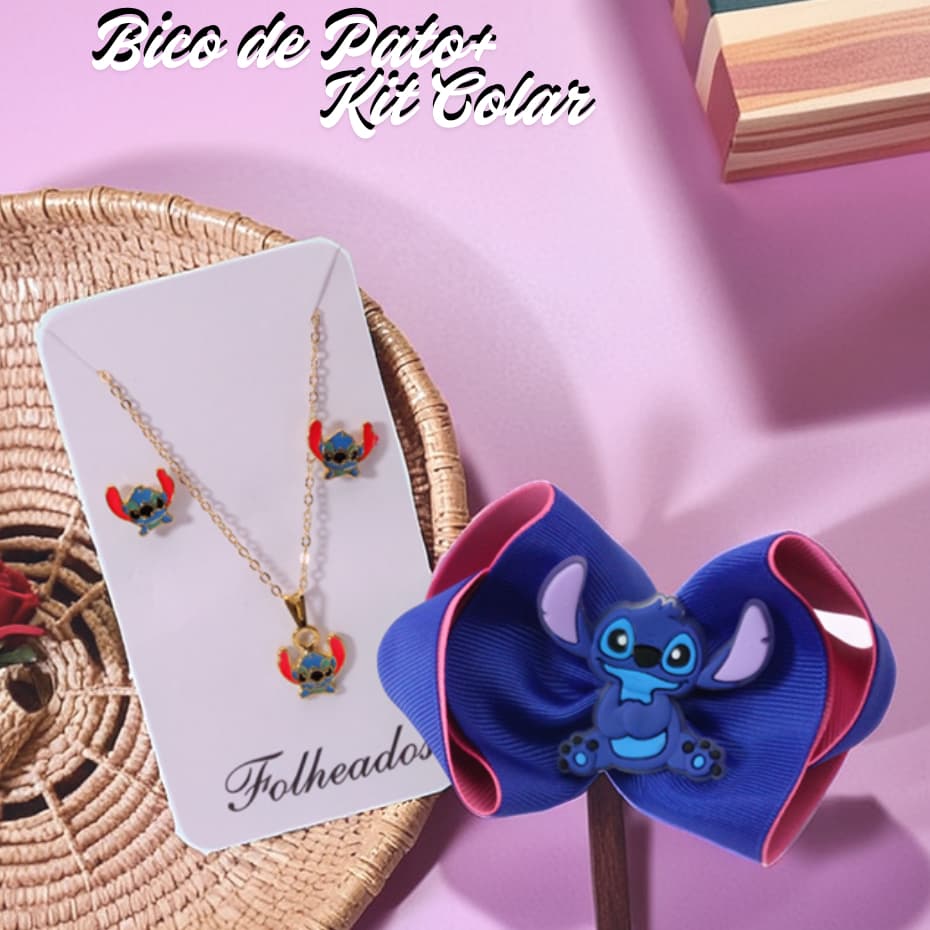 Kit Infantil Bico de Pato + Colar e Brinco do Stitch | Bijuteria Ouro e Prata