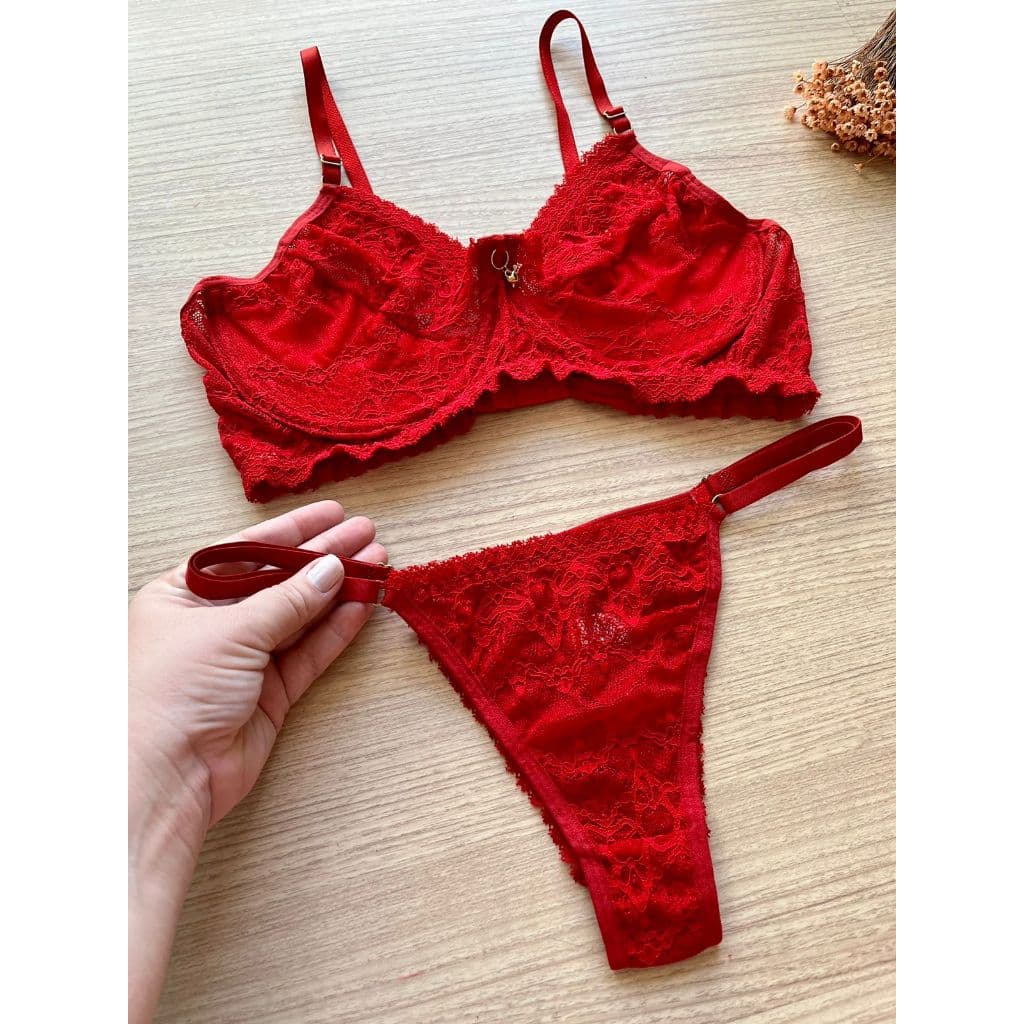 Conjunto Calcinha Fio Dental De Renda Com Sutiã De Renda Sem Bojo Com Aro Lingerie