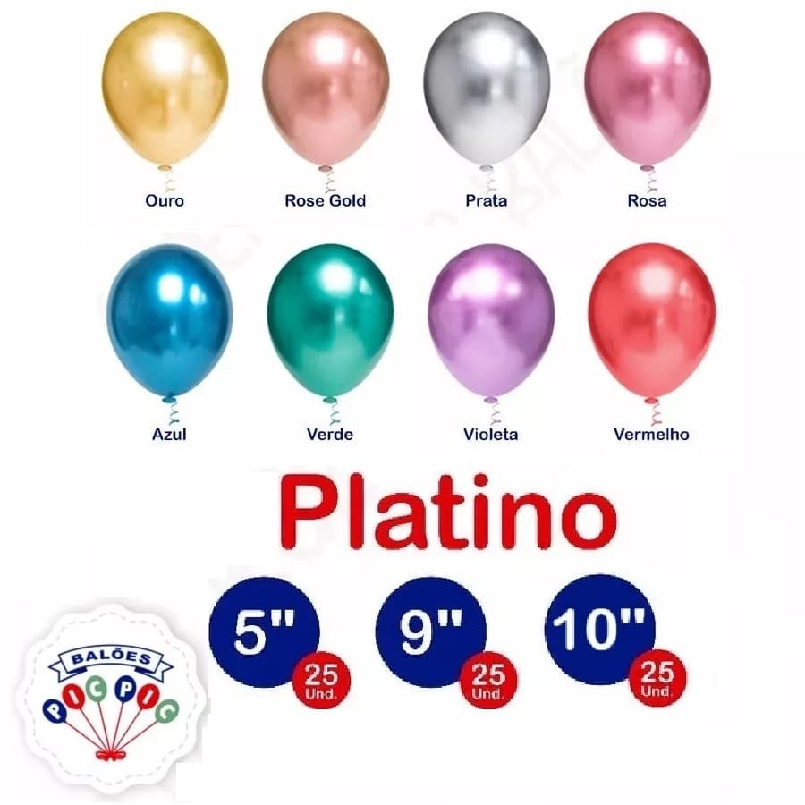 Balões Redondos Platino Cromado - 5,  9, 10  -  polegadas - Balões Pic Pic (25 unidades)