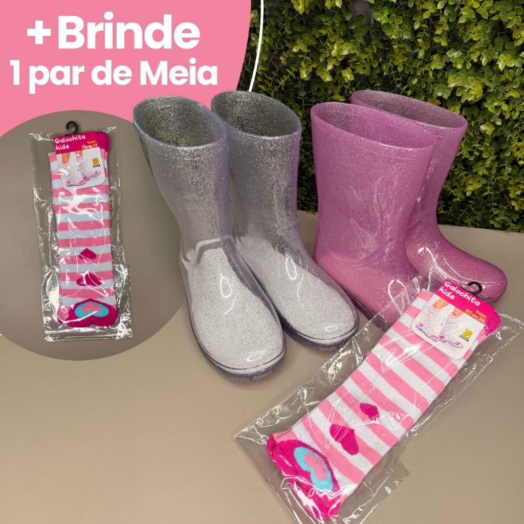 Bota galocha infantil menina Bota cano alto Bota injetada Bota de chuva com Gliter