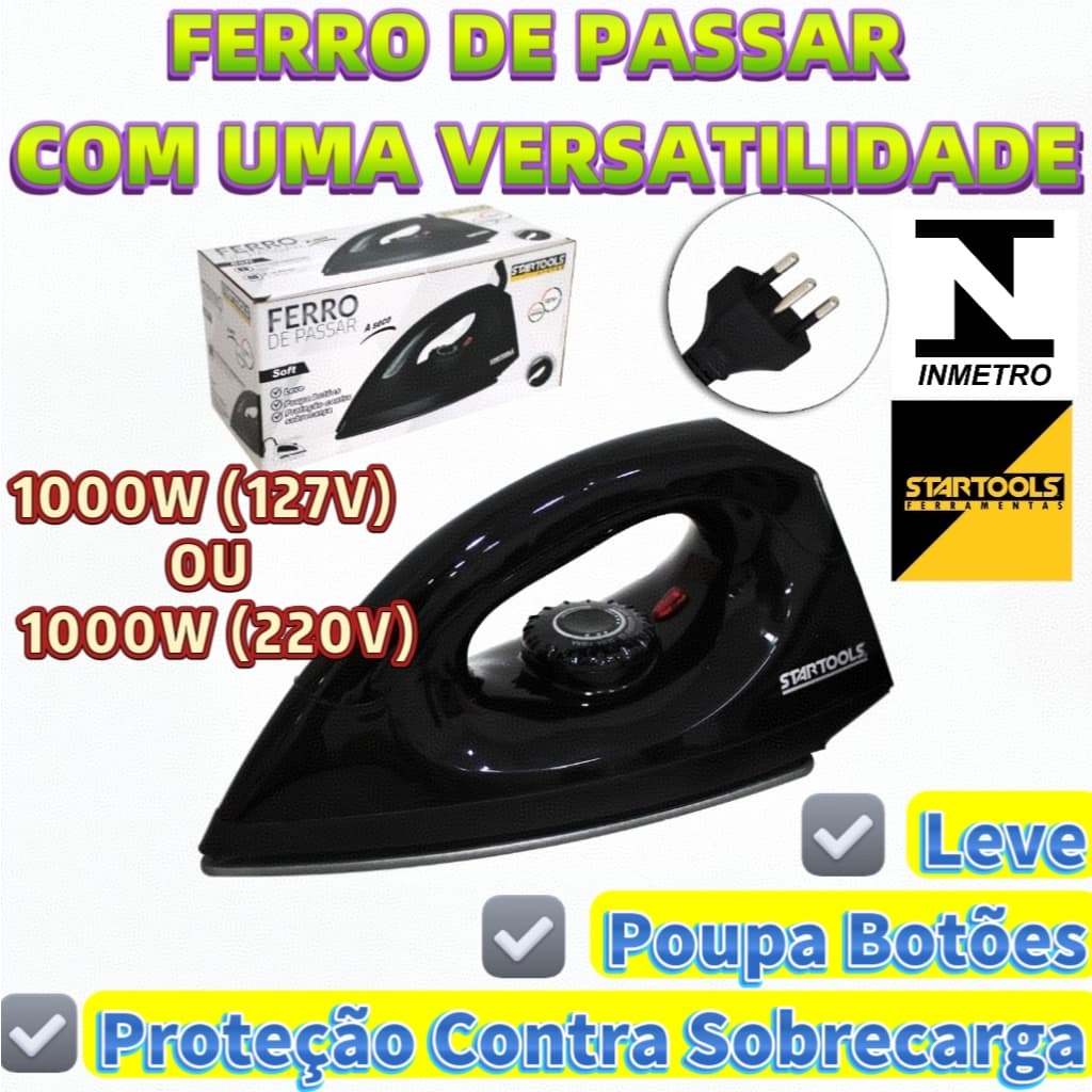 Ferro De Passarr A Seco Premium 127V OU 220V 1000W Com LED Indicativo