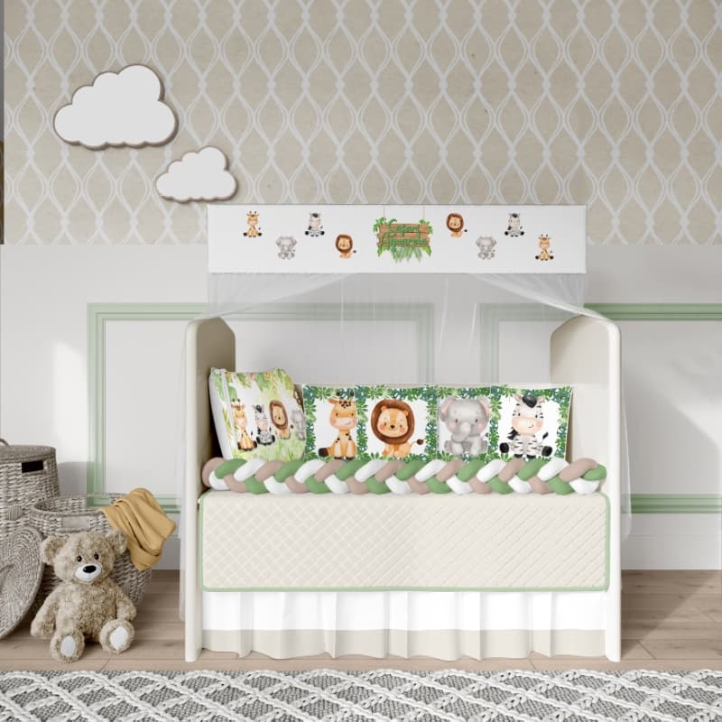 Kit Protetor de Berço Menino Menina Americano Safari Aquarela Luxo com Trança