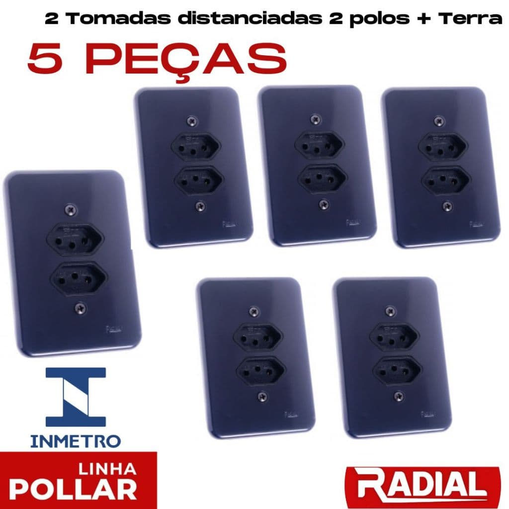Kit 5 2 Tomadas Distanciadas Preta 2 Polos + Terra 10A/20A 4x2 Com Placa Bivolt
