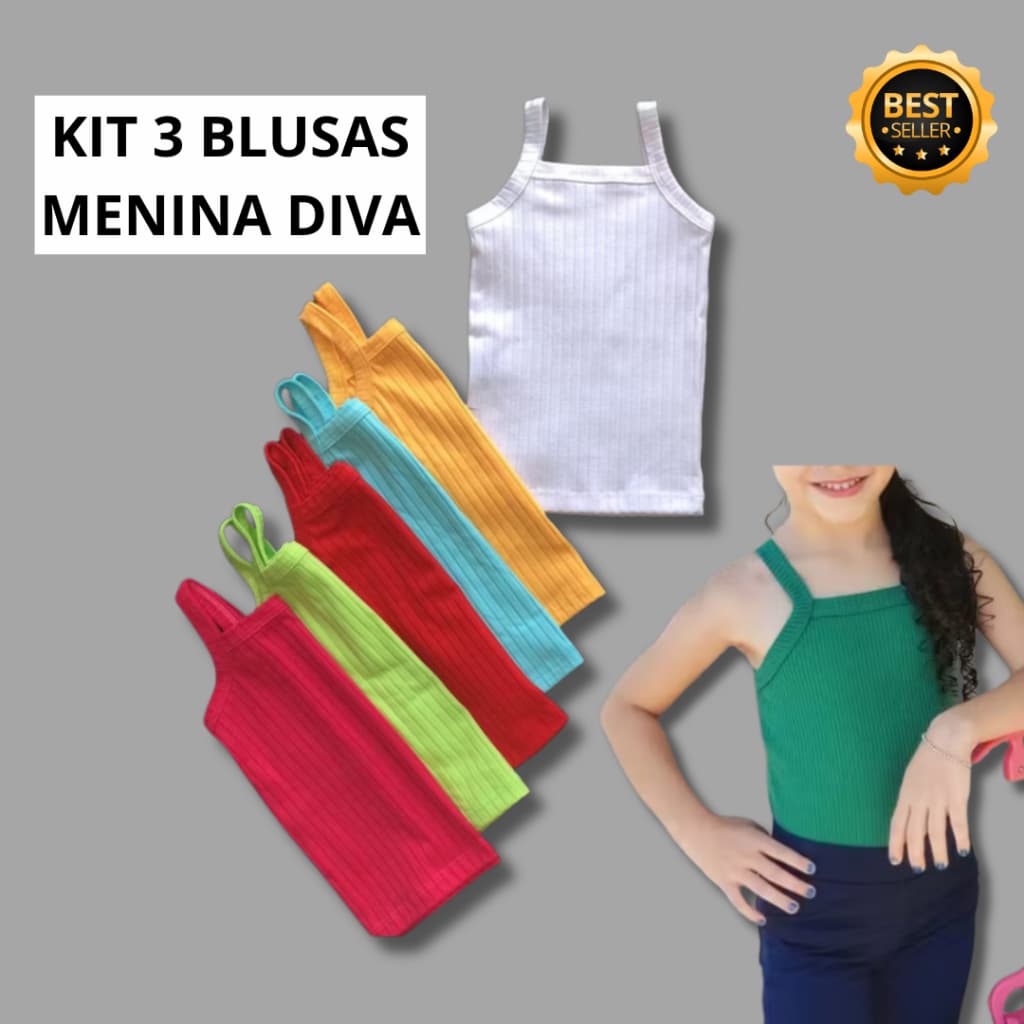 HIPER KIT 3 Blusa Infantil Lisa Alça Menina Regata Basica Blusinha Criança
