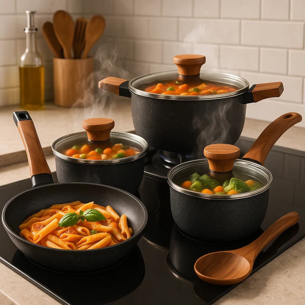 Jogo de Panelas Preto  Kit 4 Pçs Antiaderente Cerâmica Tampa Vidro Frigideira Não Usa Óleo Não Gruda