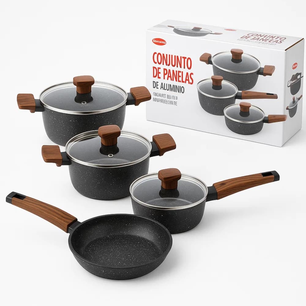 Jogo Panelas Ceramica 4 Peças Carvalho Vidro  Conjunto Antiaderente Indução