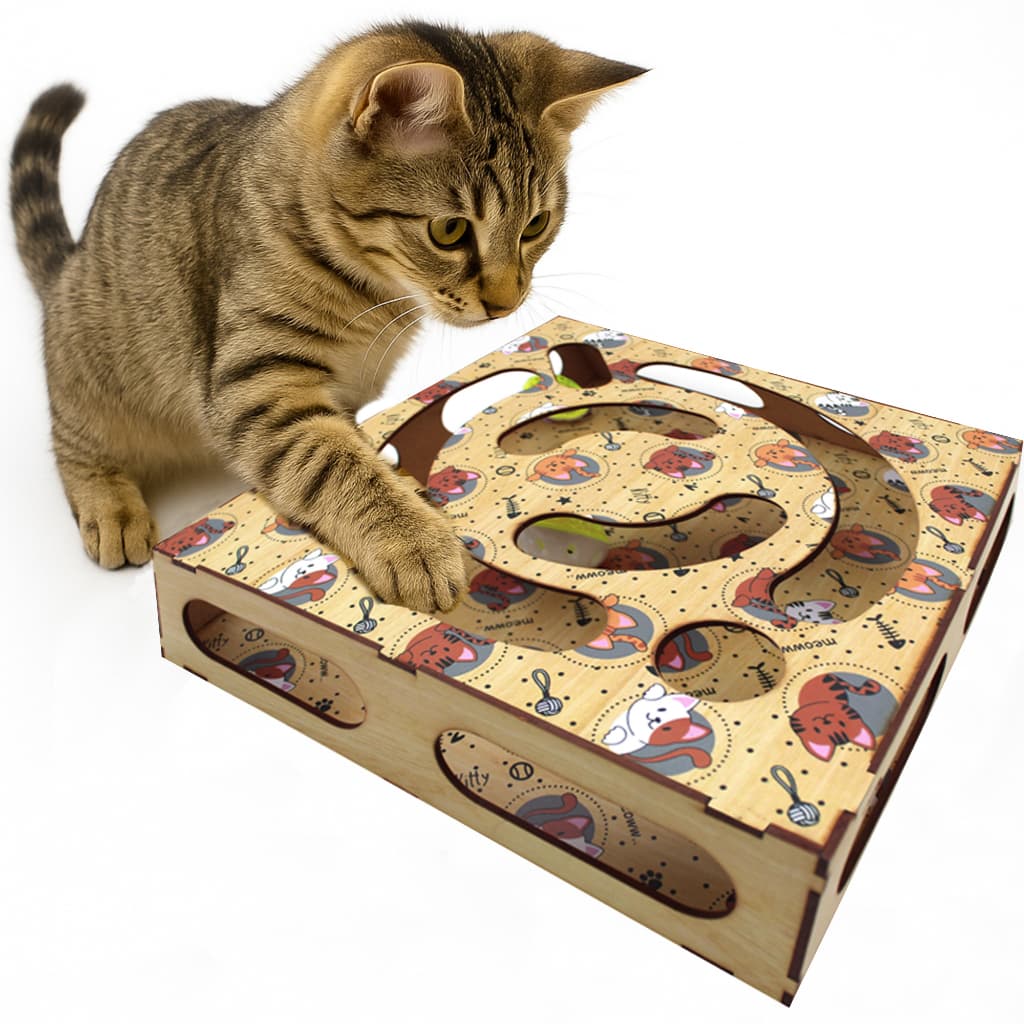 Brinquedo Gato Labirinto Corre Corre Bolinha De Plastico Com Guizo Interativo MDF Estimula Diversão