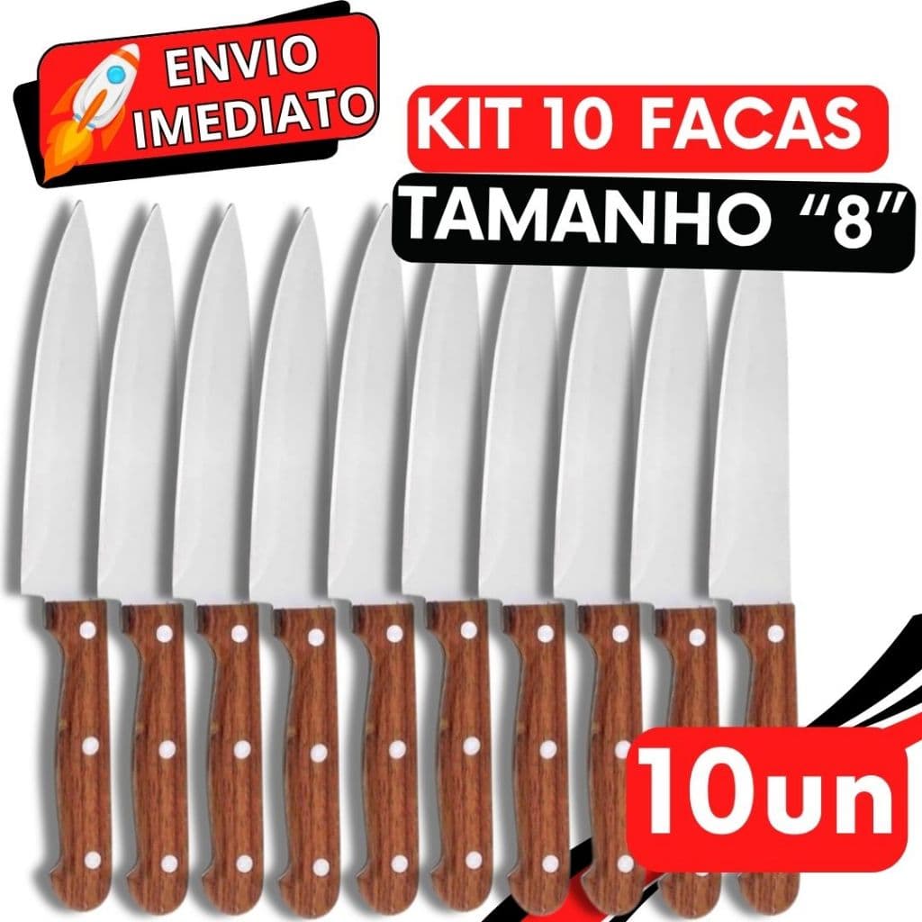 KIT 10 Faca De Cozinha Churrasco Cabo Madeira Inox Profissional Tamanho "8" 33CM GRANDE para Casa Restaurante Açougue