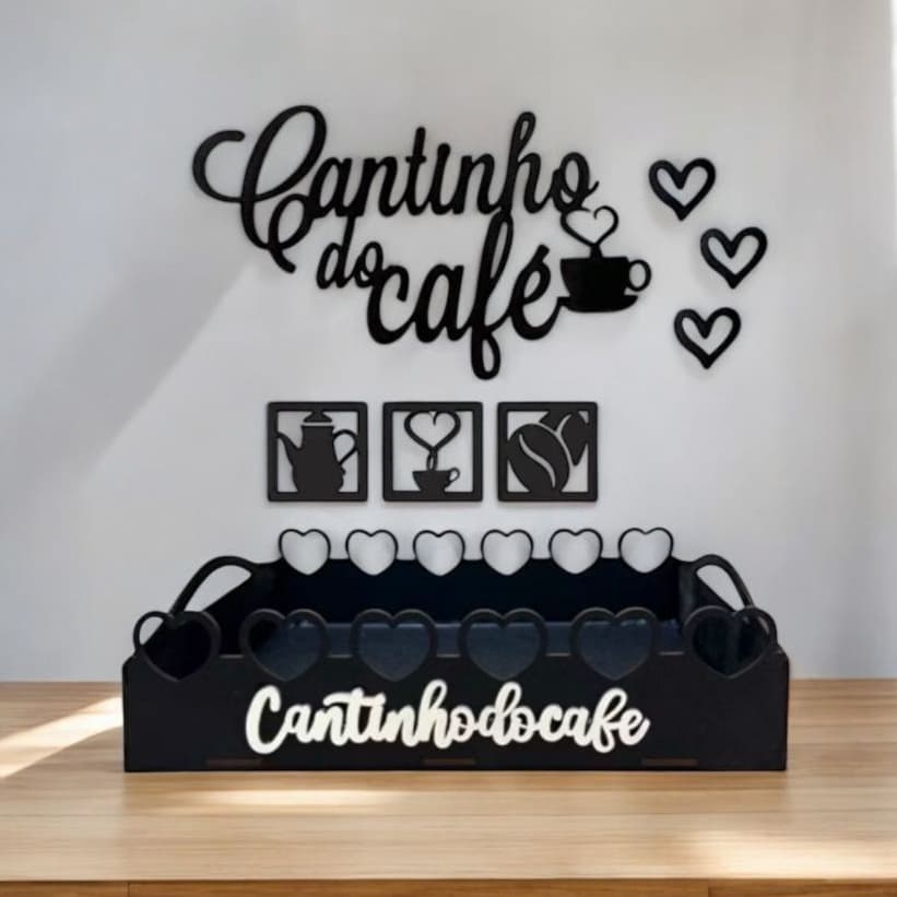 Kit Bandeja Coração e 7 Apliques de Parede Cantinho do Café Coração + Grãos MDF