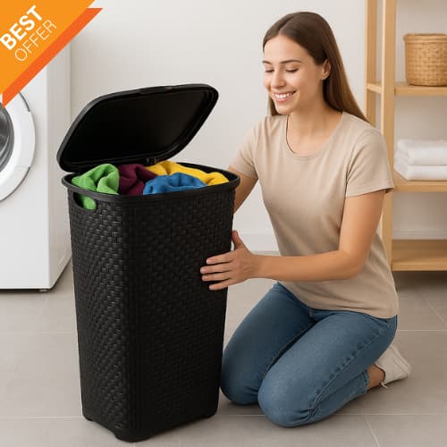 Cesto de Roupa Suja 50L com Tampa Basculada Preto Branco Rattan Arqplast Telado