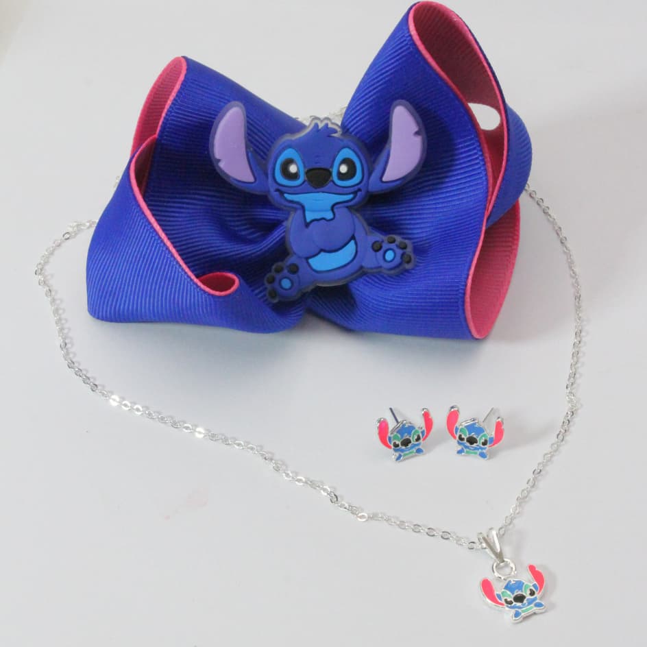 Kit Infantil Stitch – Brinco, Colar e Bico de Pato Fofo e Delicado em Ouro e Prata