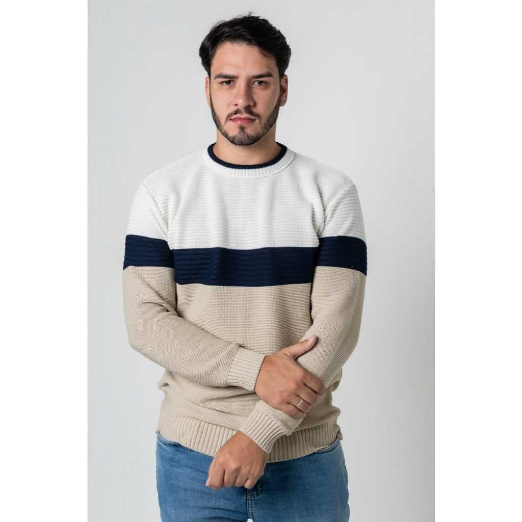 Suéter Masculino de Tricô Blusa De Frio Texturizada Gola Redonda Casual Links 3 Cores