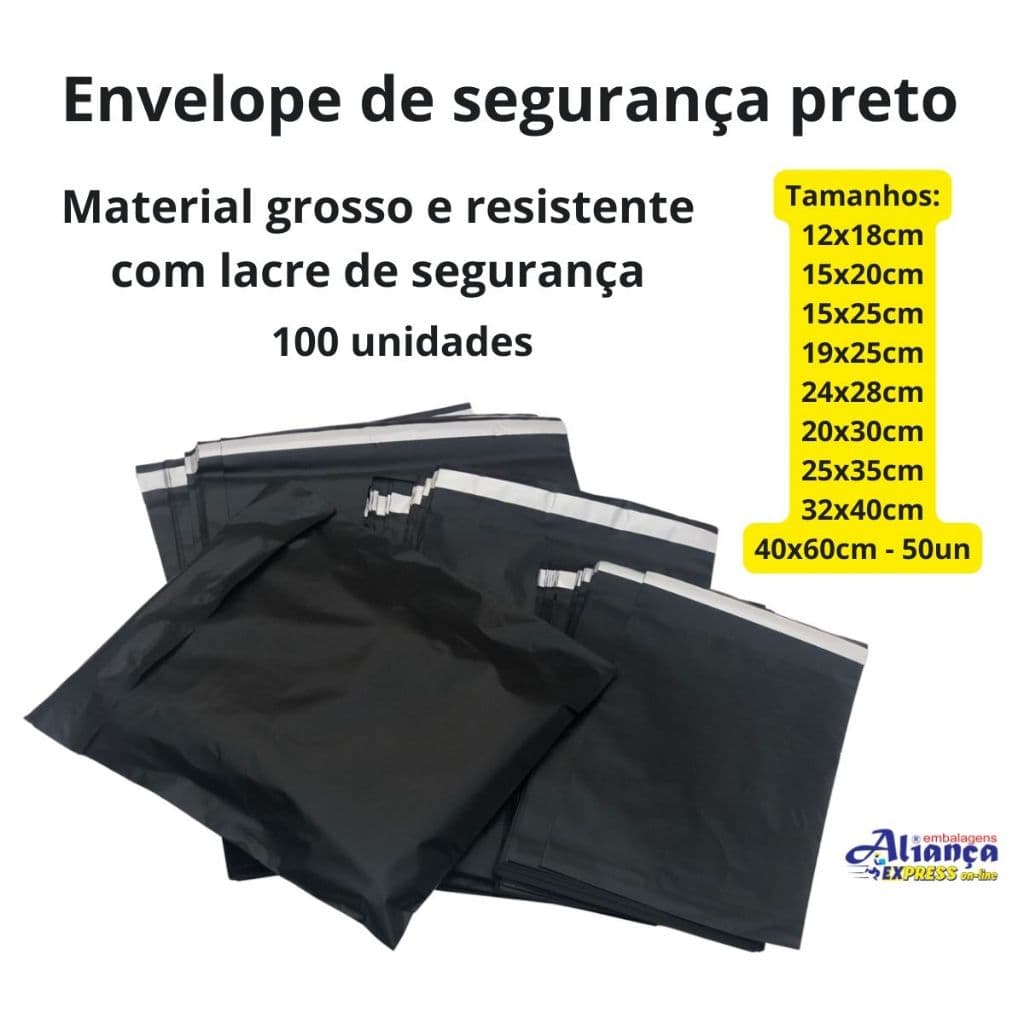 100 Envelopes de segurança Preto com lacre inviolável resistente material grosso para e-commerce