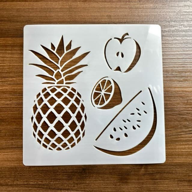 Estêncil vazado de Frutas Abacaxi Maça Limão Melancia 18x18 cm molde stencil pintura
