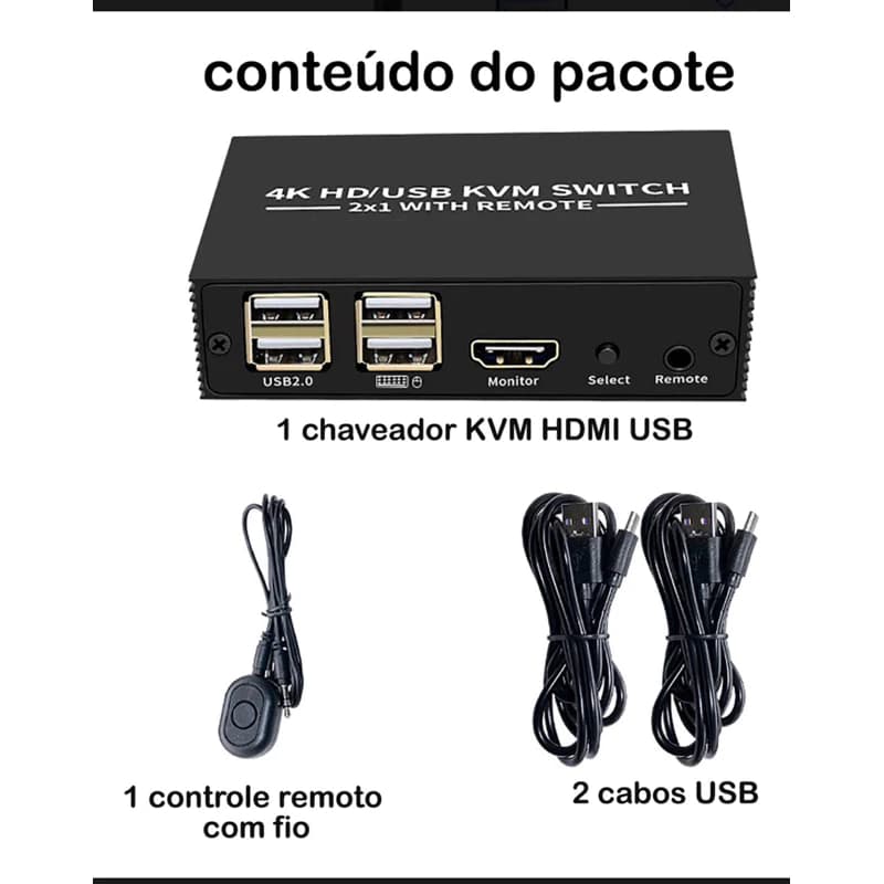 Chaveador Switch Kvm 2 Portas Hdmi Mouse Teclado E Monitor