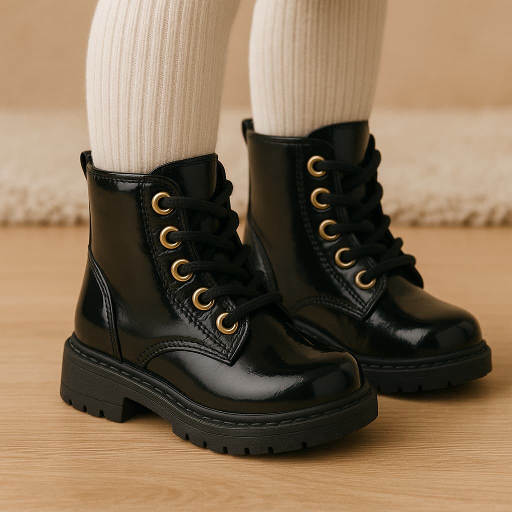 Bota Coturno Infantil Menina Verniz Preto Zíper Lateral Confortável 20 ao 27