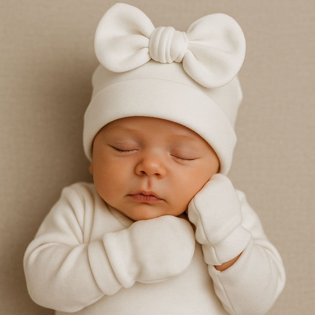 Kit Touca e Luva com laço para Bebê Recém Nascido
