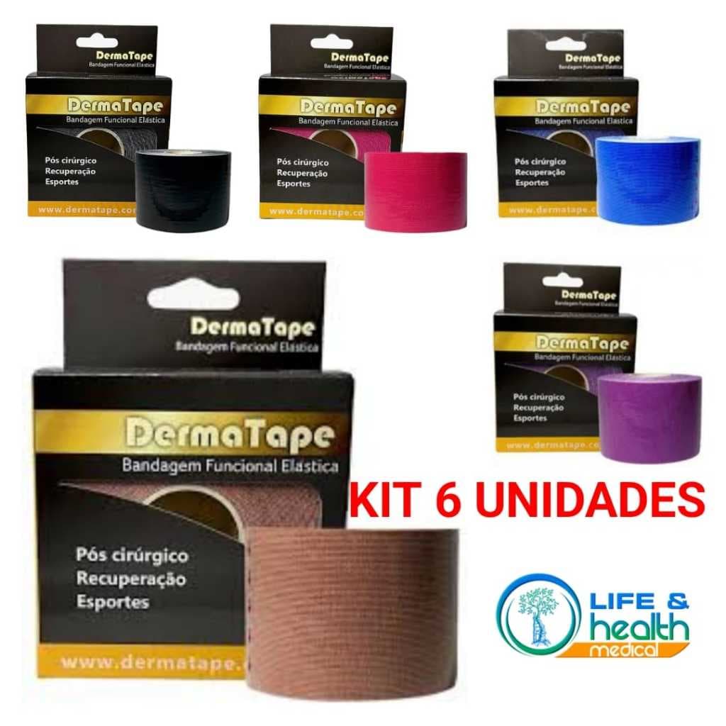 KIT 6X SEIS Unidades Fitas Kinésio Bandagem Funcional Elástica 5cm x 5mt Dermatape