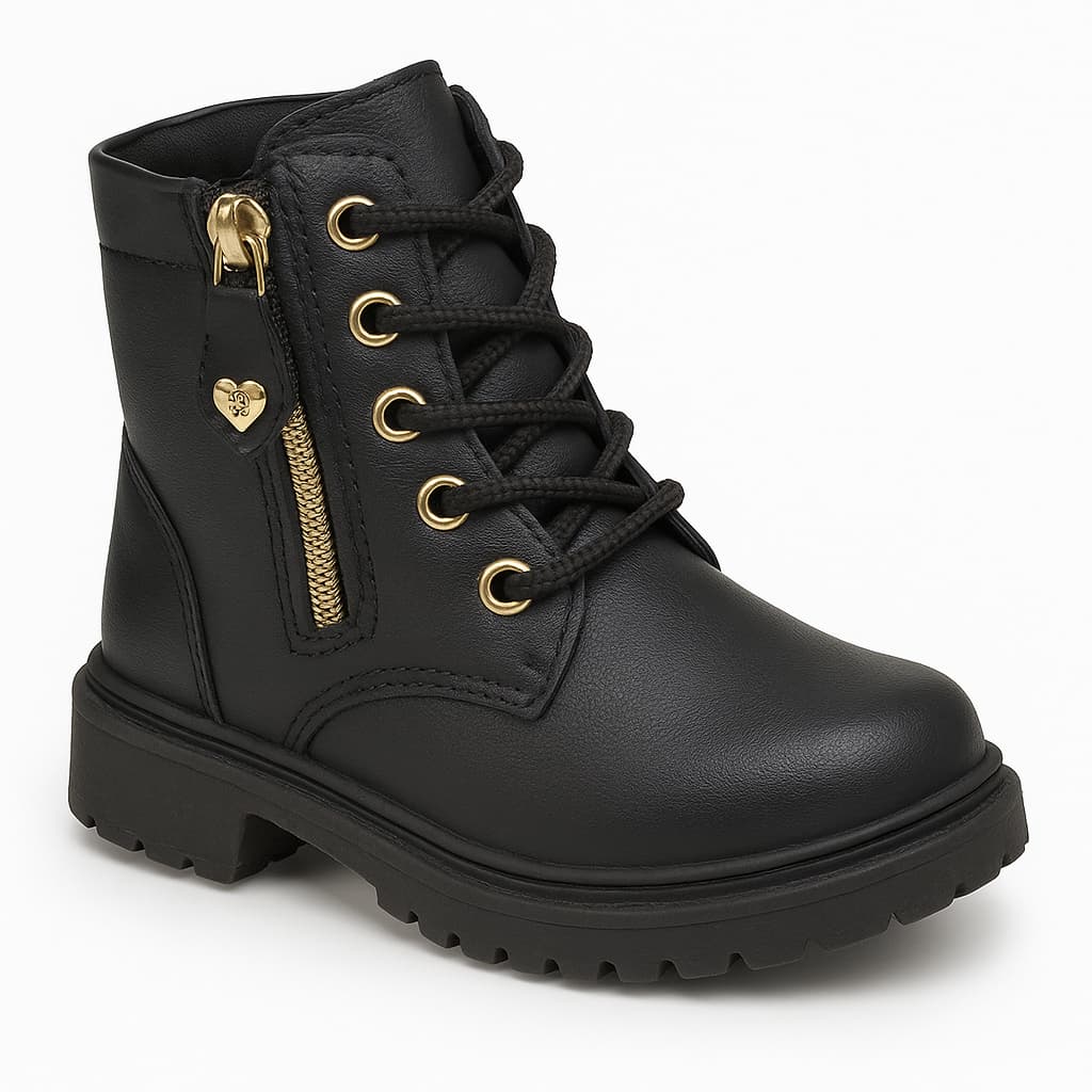 Bota Coturno Infantil Menina Zíper Dourado Moda Blogueira Tratorada Confortável 20 ao 27