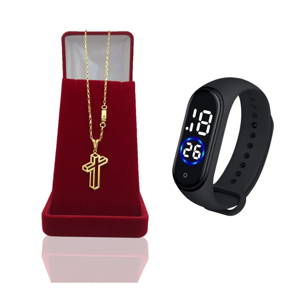 Cordão Infantil Masculino Tijolinho + Pingente "Cruz 4 D" Banhado Ouro 18k + Relógio Digital LED