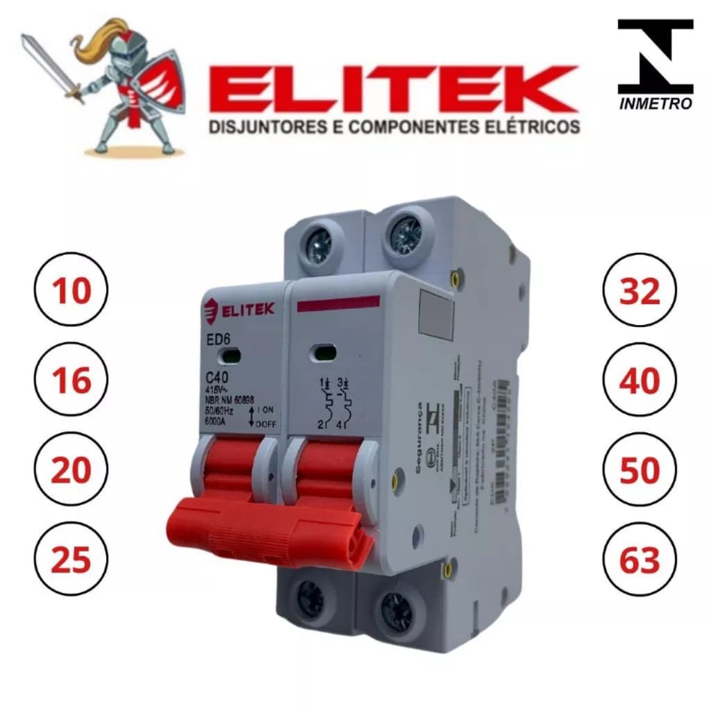 Disjuntor Bipolar Bifásico ELITEK Curva C 10A, 16A, 20A, 25A, 32A, 40A, 50A, 63A