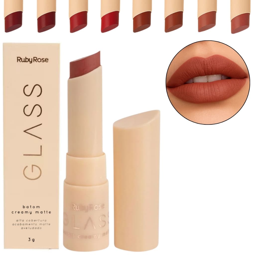 Batom Bala Bastão Creamy Matte Glass Ruby Rose Aveludado Resistente Água