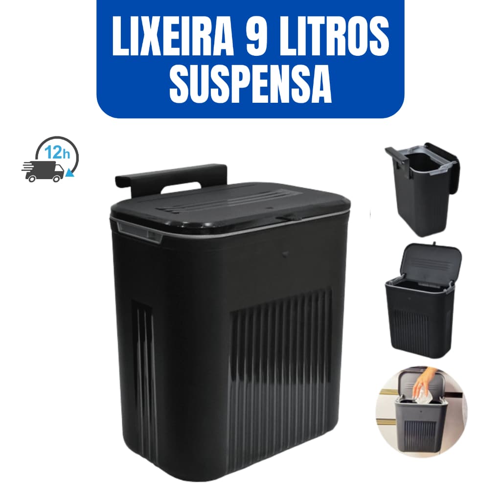 Lixeira Suspensa Com Tampa 9 Litros Suporte De Adesivos E Alça De Pentura Para Cozinha E Banheiro