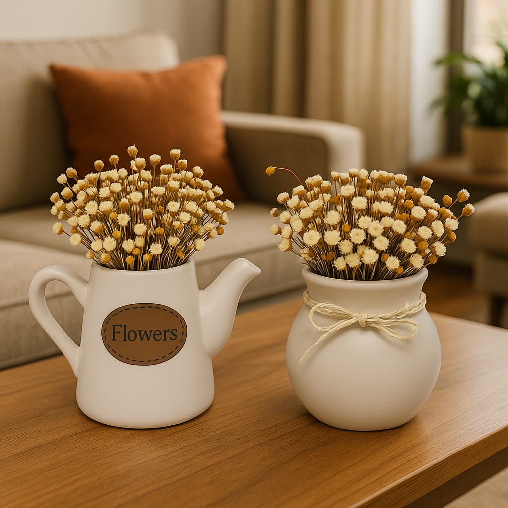 VASO E BULE DECORATIVO COM FLORES SECAS DECORAÇÃO DE CASA SALA E ESCRITORIO