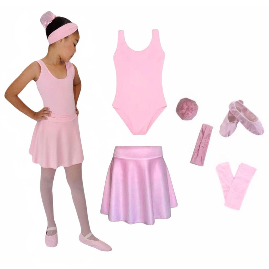 Kit Ballet 6 Itens / Uniforme para dança completo (Collant Regata e Saia de Cós) - ROSA