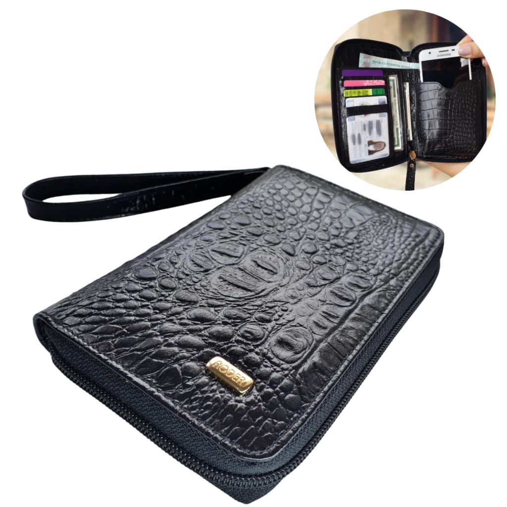 Carteira Feminina Porta Celular documentos cartão Preta com zíper Alça de Couro Legítimo CNH RG