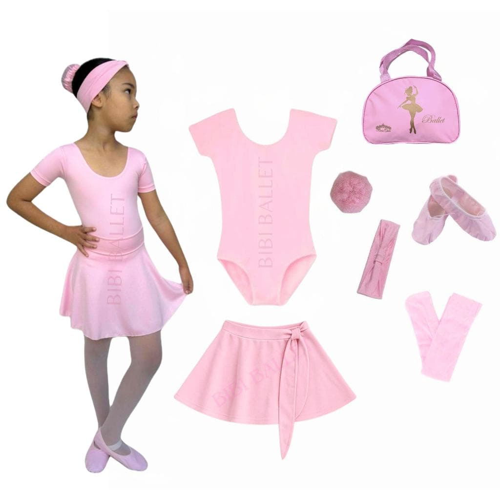 Kit Ballet Infantil 7 itens/ uniforme para dança completo *COM BOLSA* (ROSA) - Saia de Transpassar e Collant Com Manga