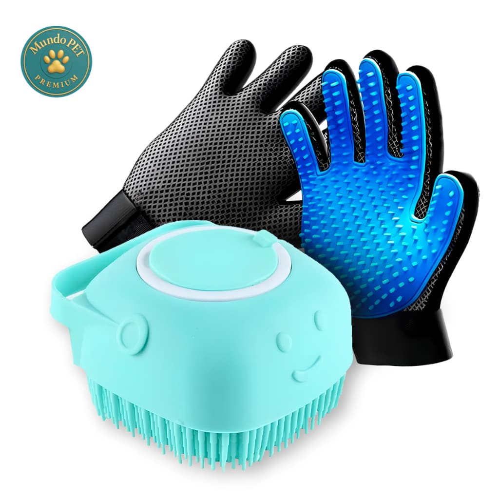 Kit Cuidados Pet Luva Tira Pelos Nano + Escova lava Pet Silicone Dispenser Cachorro Gato