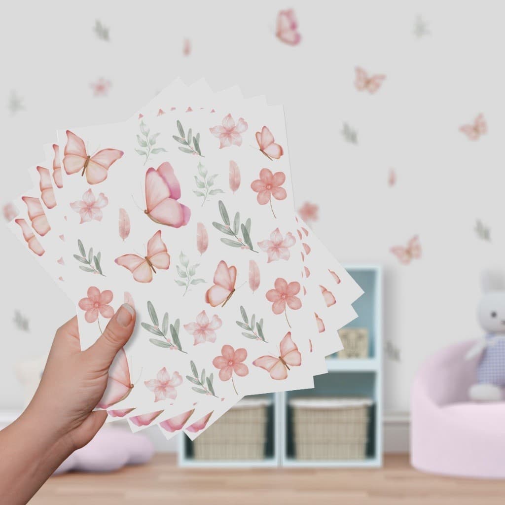Adesivo de Parede Borboletas e Flores Decoração Delicada para Quarto Infantil Feminino