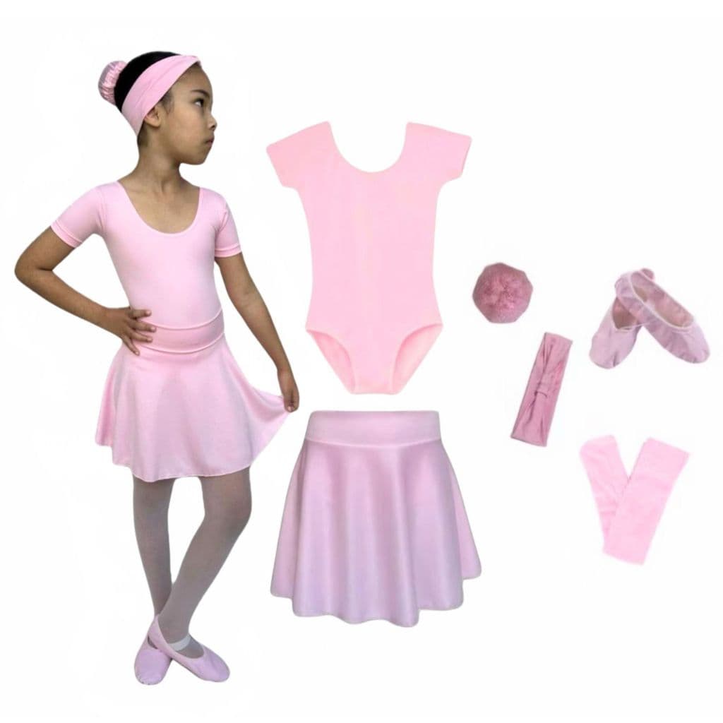 Kit Ballet 6 Itens / Uniforme para dança completo (Collant com manga e Saia de Cós) - ROSA