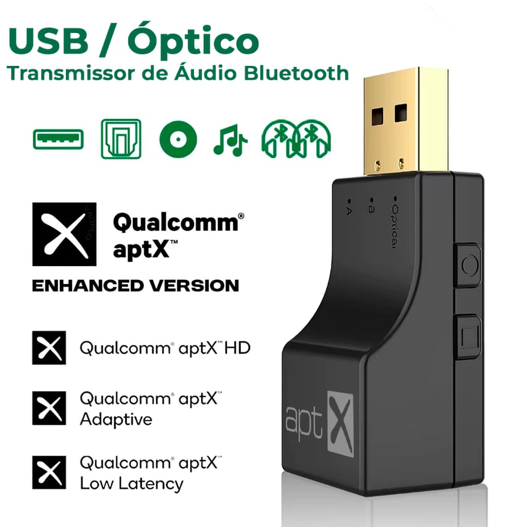 Transmissor de Áudio Bluetooth USB Óptico APTX para TV PS5 PS4 XBOX Multiponto Conecta 2 Dispositivos Simultaneamente