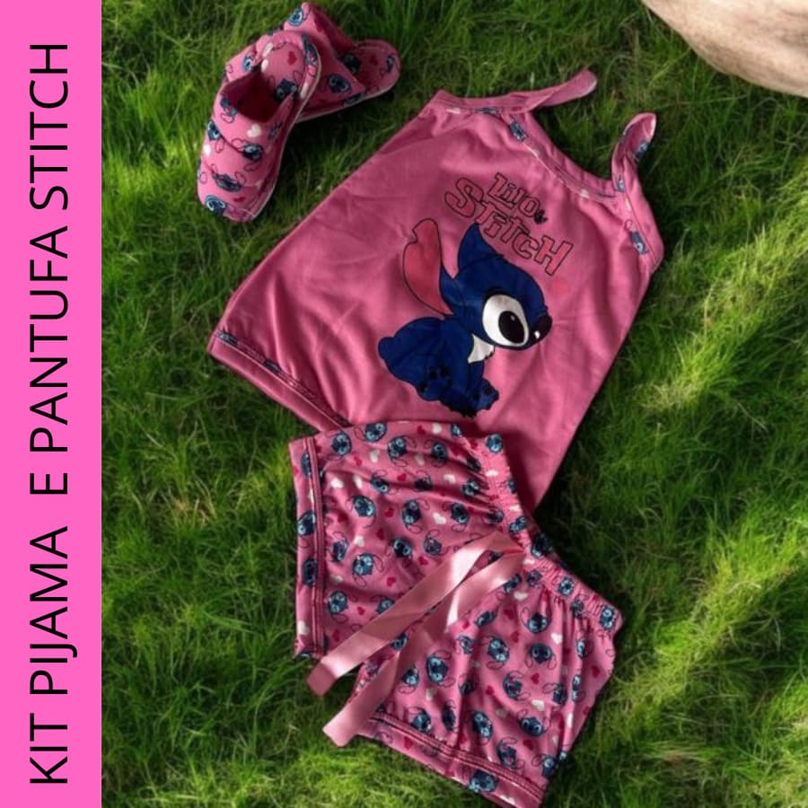 KIT 1 PIJAMA ALCINHA VERAO + 1 PANTUFA FEMININA INFANTIL ESTAMPADA FOFINHAS LACINHO MENINA STITCH FESTA DO PIJAMA