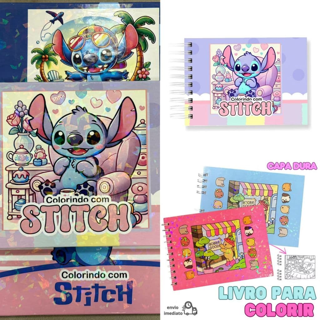 Kit Livro de Colorir Caderno Stch Bo Desenho Ursinho Capa Dura   Holográfica 50 Folhas