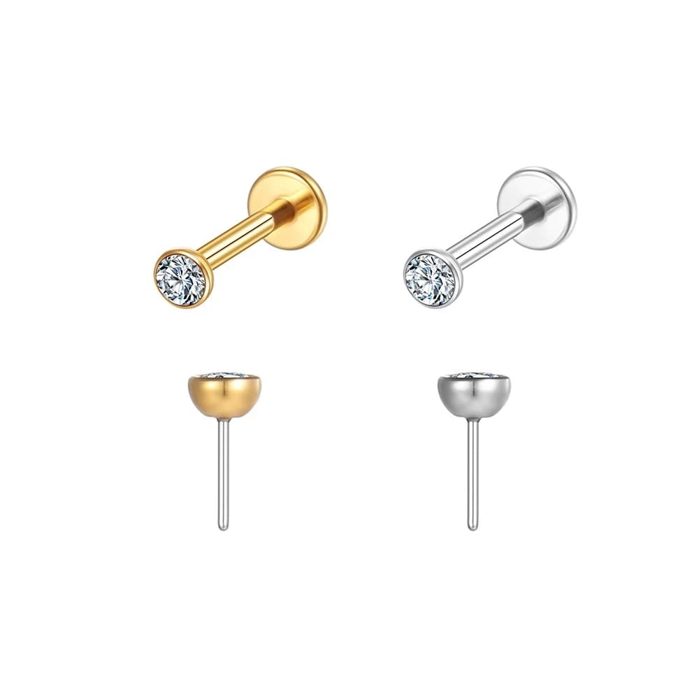 Piercing Aço Cirúrgico Push Pin com Pedra Cristal Zircônia Helix, Tragus, Conch, Nariz, Outros.