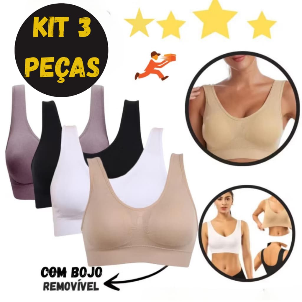 Kit 3 Sutiã Com Bojo Top Sem Costura, Fitness e Academia Alças Largas e Tecido Confortável
