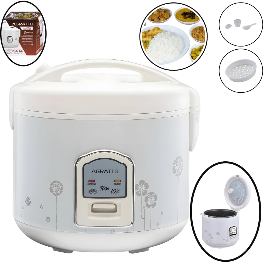 Panela Elétrica de arroz 10 Xícaras 1,2L C/ Vaporeira Multifuncional Legumes 10X Agratto Riso cozinha Antiaderente