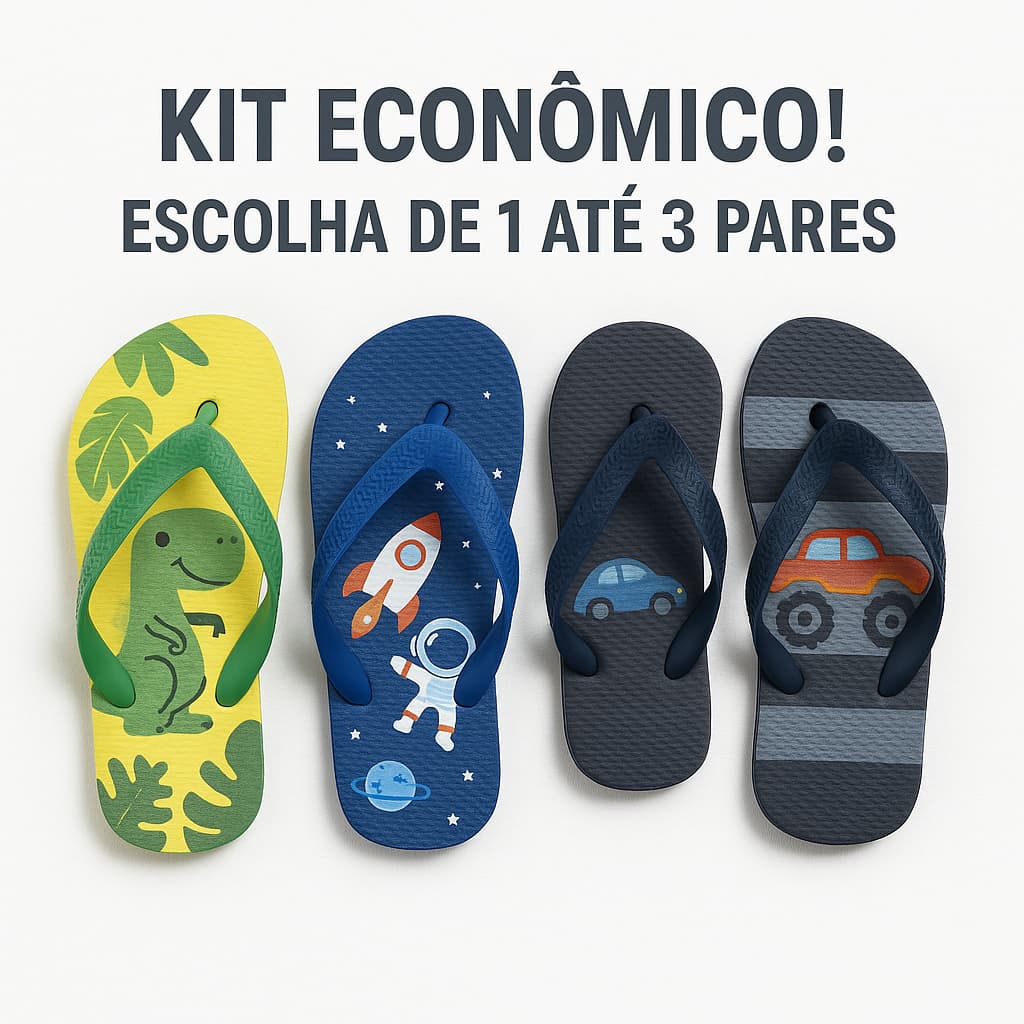Kit 3 Pares Chinelo Infantil Menino com Estampas Divertidas Leve e Confortável