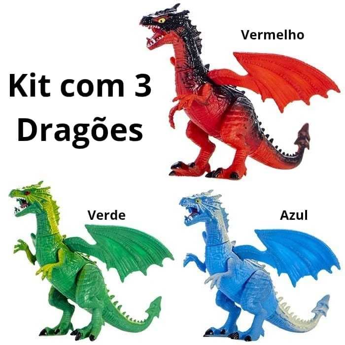 Brinquedo Dragão Kit Com 3 Mundo Medieval Membros Flexíveis Articulado Cartela