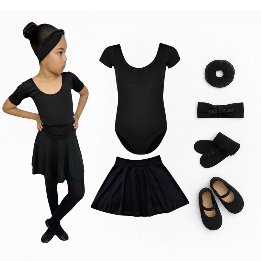 Kit Ballet 6 Itens / Uniforme para dança completo (Collant com manga e Saia de Cós) - PRETO