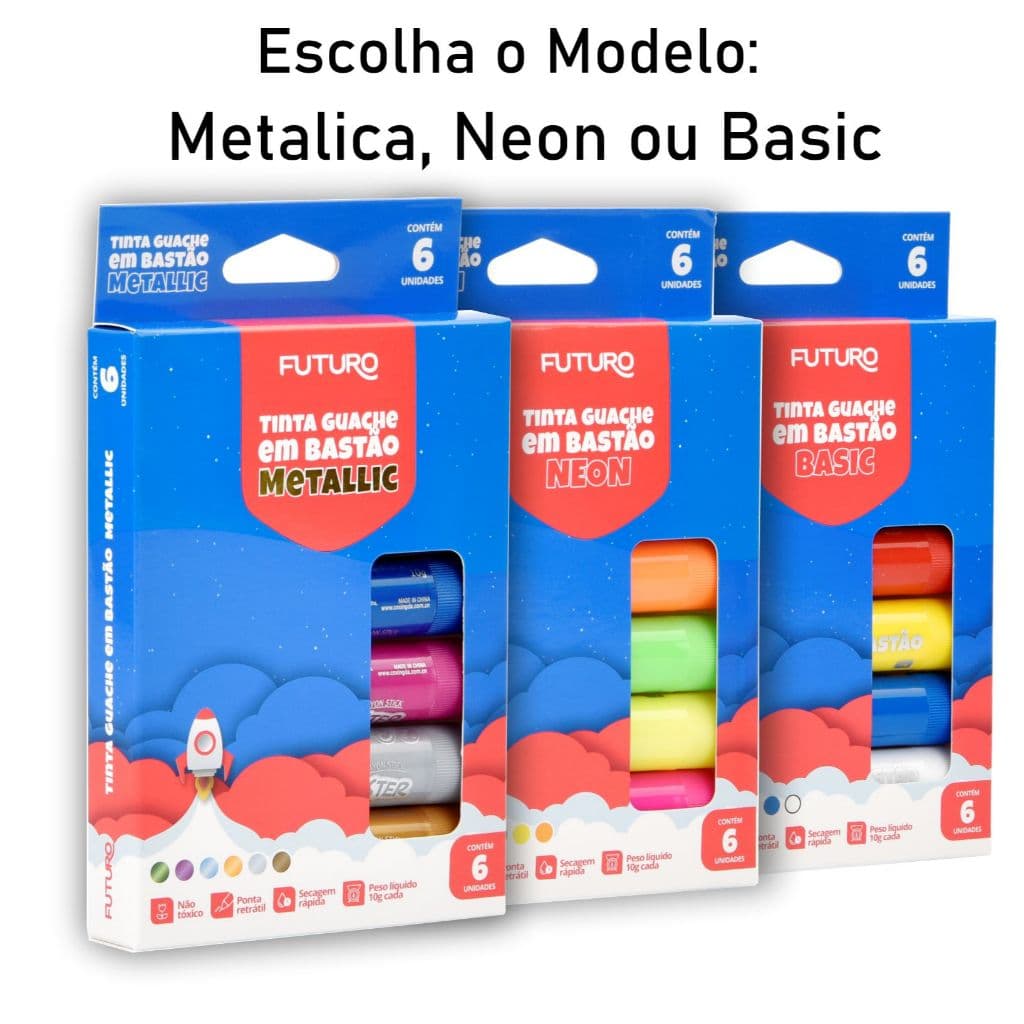 Tinta Guache Bastão Retrátil 6 Cores Neon/Metálica/Tradicional - Escolha o Modelo