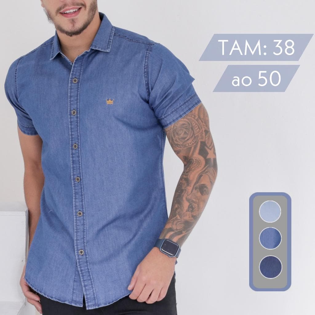 Camisa Jeans Masculina Slim Fit Manga Curta Social Algodão Botões Premium