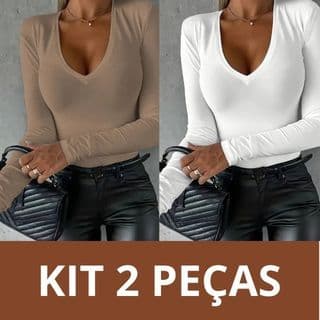Kit 02 Blusa Feminina Malha Viscolycra Cacharrel Gola V Macia Estilosa Elegante Segunda Pele Térmica
