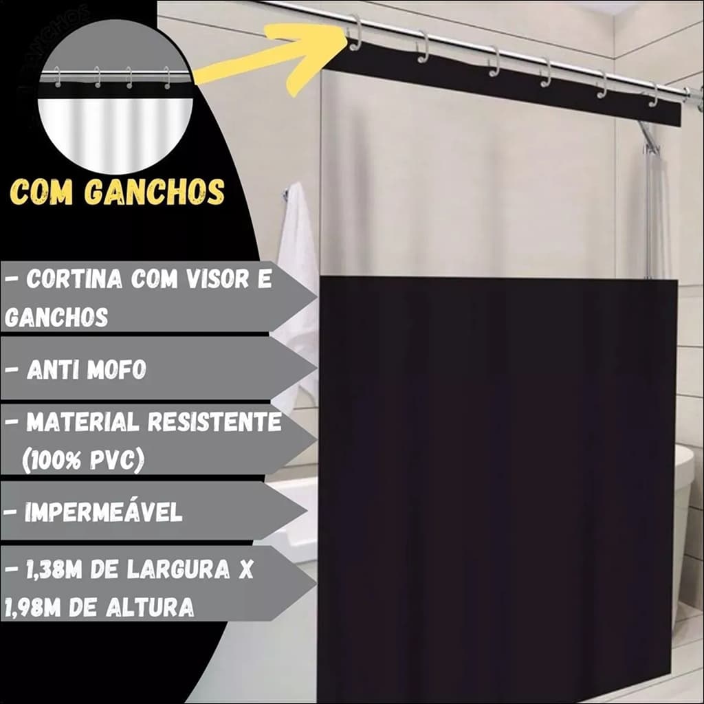 Kit com 2 Cortinas De Box Banheiro Com Visor Transparente Antimofo 100% Em PVC Resistente