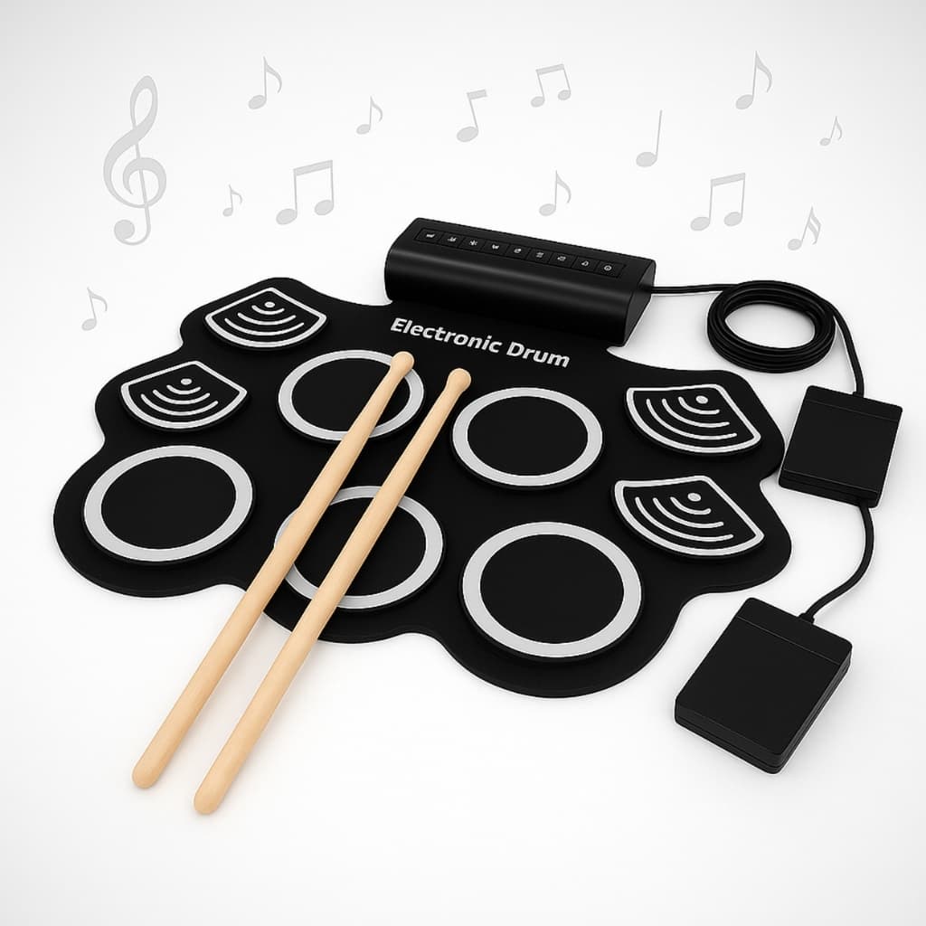 Bateria Eletrônica Musical Silicone Digital 9 Pads 2 Pedais Baquetas dobrável EMT-S309 EXBOM