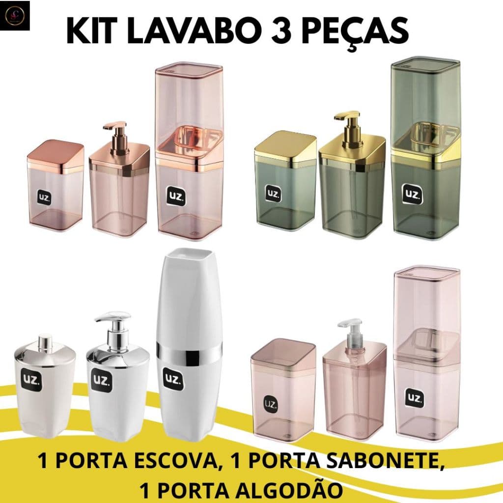 Kit Porta Escova + Porta Sabonete Liquido + Porta Algodão/Cotonetes UZ utilidades