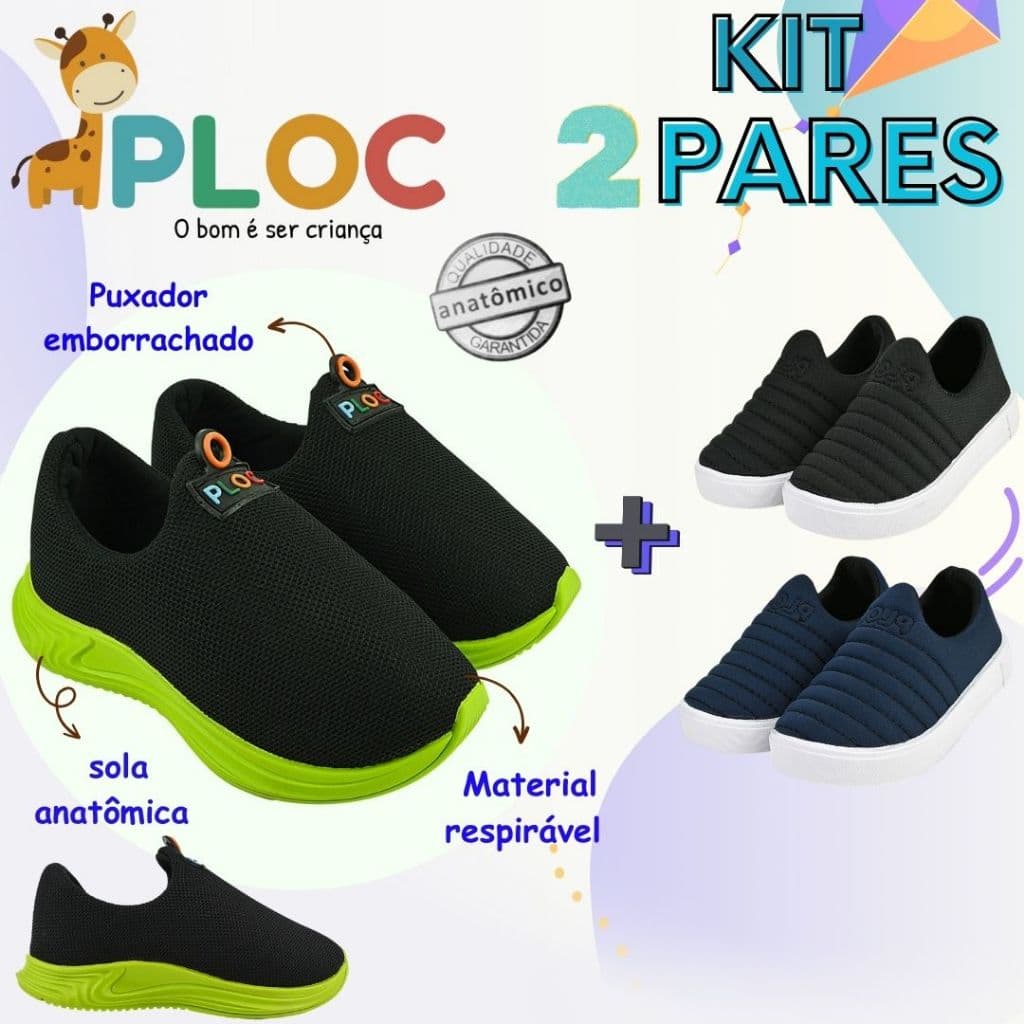 KIT 02 PARES TÊNIS INFANTIL: TÊNIS PLAY P26 COR A ESCOLHER + IATE MARINHO - PLOC ORIGINAL